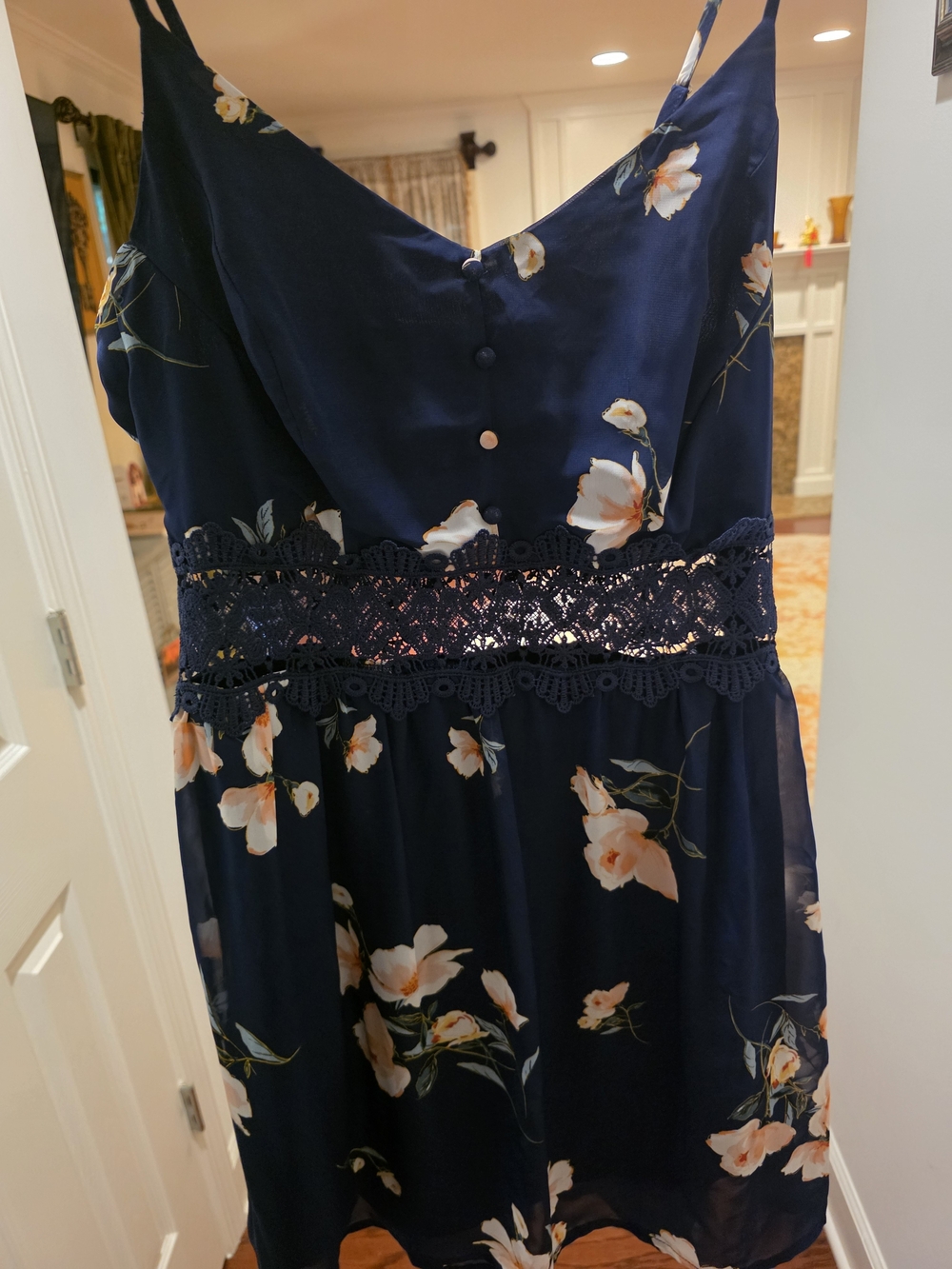 Blashe Navy Floral dress with lace detailing across the midriff Button-Front L